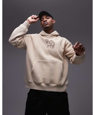 Topman oversized fit hoodie with front and back roses embroidery in stone-Neutral