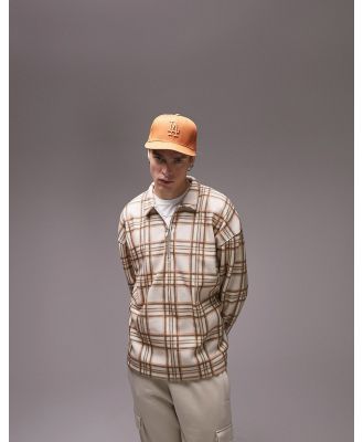 Topman oversized super soft brushed check polo in stone-Neutral