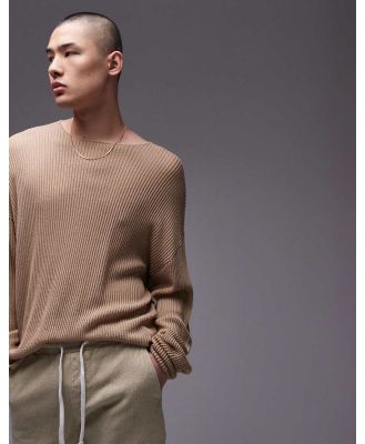 Topman relaxed long sleeve knit jumper in camel-Neutral