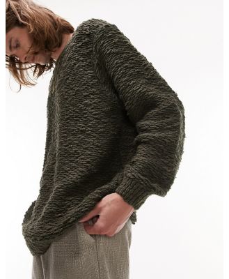 Topman ribbon stitch jumper in khaki-Green