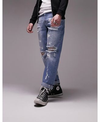 Topman rip and bleach relaxed jeans in mid wash-Blue