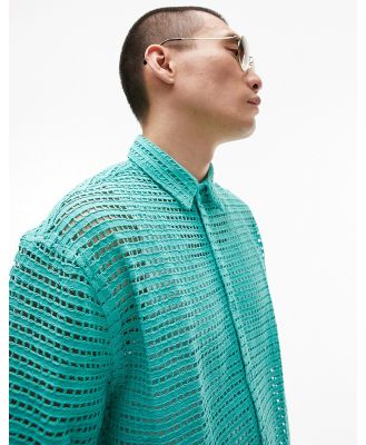 Topman short sleeve relaxed crochet shirt in teal-Blue