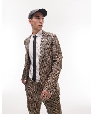 Topman super skinny one button neutral checked wedding suit jacket in brown