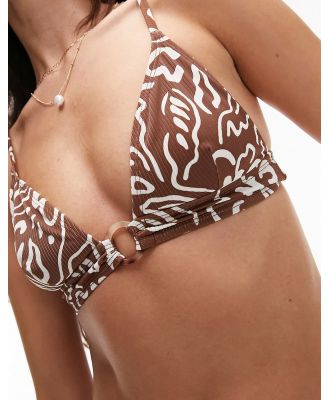 Topshop abstract floral print ring trim triangle bikini top in chocolate-Brown