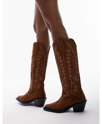 Topshop Bailey premium leather western boots in cognac suede-No colour