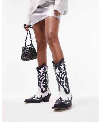 Topshop Belle premium leather hand stitched western boots in black and white