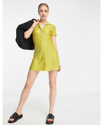 Topshop button down collared textured mini dress in chartreuse-Green