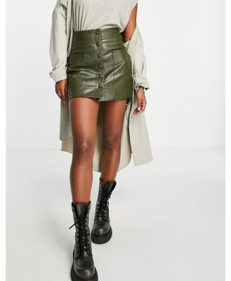 Topshop button through faux leather pocket mini skirt in khaki-Green
