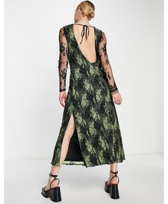 Topshop camo lace scoop neck midi dress in khaki-Green