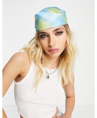 Topshop check satin headscarf in blue and green-Multi