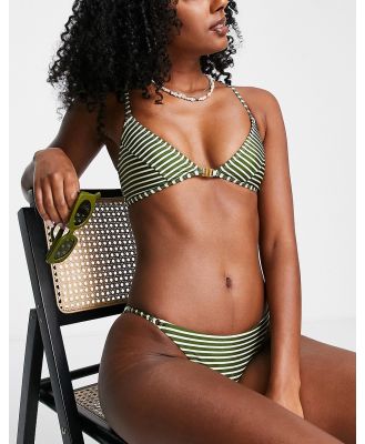 Topshop clasp front stripe triangle bikini top in khaki-Green