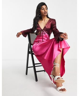 Topshop colour-block satin cut-out midi dress in pink and dark red