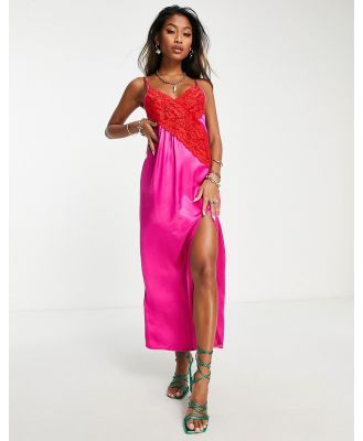 Topshop contrast lace colour block slip dress in pink