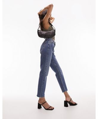 Topshop cropped mid rise straight jeans with raw hems in mid blue