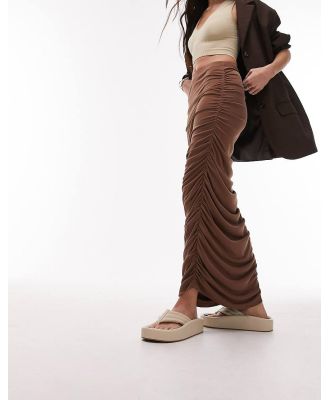 Topshop cupro ruched maxi skirt in brown