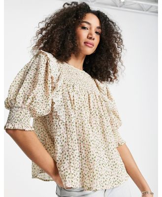 Topshop ditsy floral embroidered smock top in blush-Pink