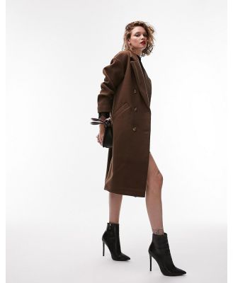 Topshop double breasted long coat in chocolate-Brown