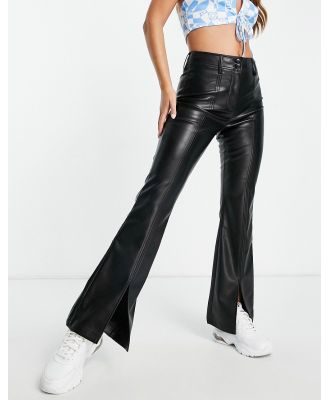 Topshop faux-leather flared pants with front split hem in black
