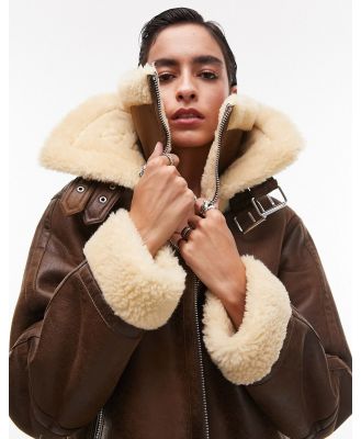 Topshop faux suede shearling zip front oversized aviator jacket with double collar detail in tan-Brown