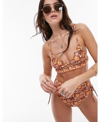 Topshop frilled triangle bikini top in brown ditsy floral-Multi