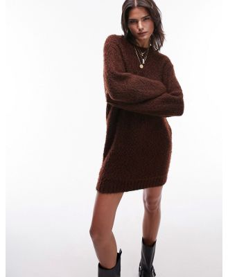 Topshop knitted boucle crew neck mini dress in chocolate-Brown