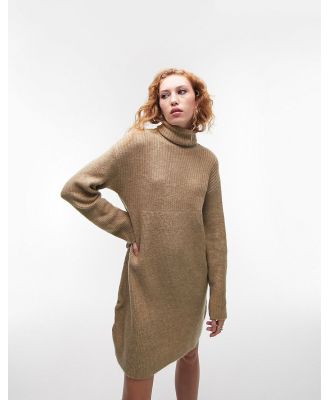 Topshop knitted roll-neck dress in oat-Neutral