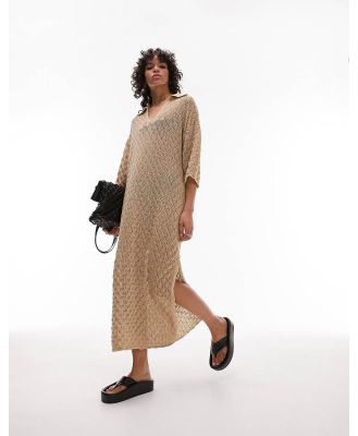 Topshop knitted stitchy polo maxi dress in neutral