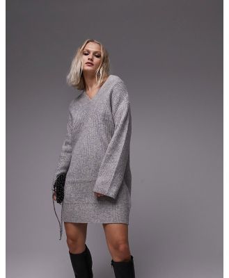 Topshop knitted v neck mini dress in charcoal marl-Grey