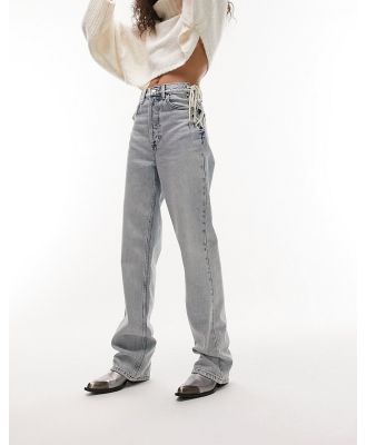 Topshop lace up side straight Kort jeans in bleach-Blue