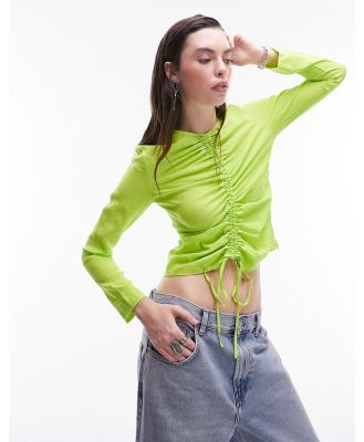 Topshop long sleeve ruched front top in lime-Green