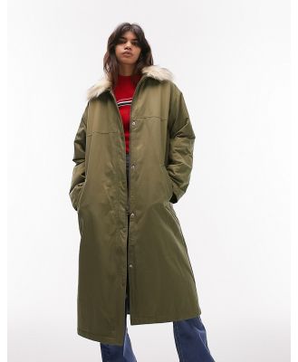 Topshop longline parka jacket with faux fur collar in khaki-Green