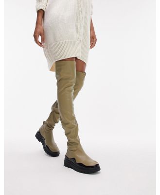 Topshop Martha over the knee stretch boots in olive-Green