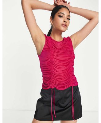 Topshop mesh ruched front sleeveless tank top in magenta-Pink