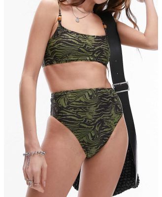 Topshop Mix and Match cami bikini top with beads in abstract khaki animal print-Green