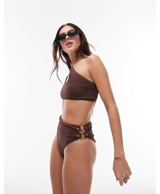 Topshop mix and match floral jacquard ring detail high waist bikini bottoms in chocolate-Neutral