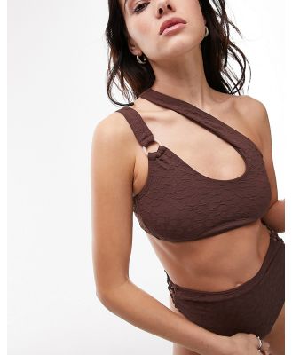 Topshop mix and match floral jacquard ring detail one shoulder bikini top in chocolate-Neutral