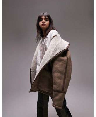 Topshop oversized faux shearling car coat in mink-Neutral