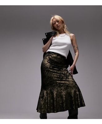Topshop Petite crushed velvet fishtail maxi skirt in metallic gold
