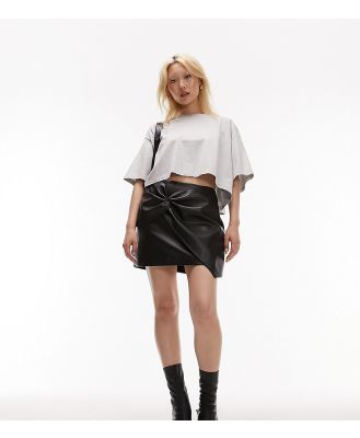 Topshop Petite leather look tie front mini skirt in black