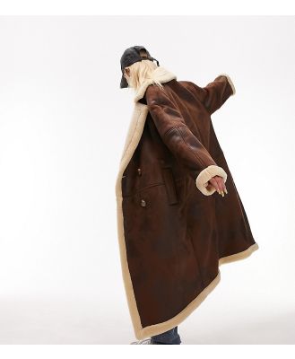 Topshop Petite longline aviator coat in brown