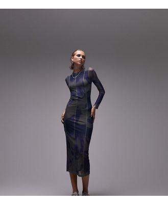 Topshop Petite mesh midi dress with overlocked seams in face print-Multi