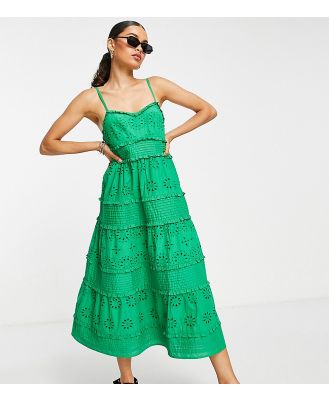 Topshop Petite strappy broderie pintuck midi dress in green