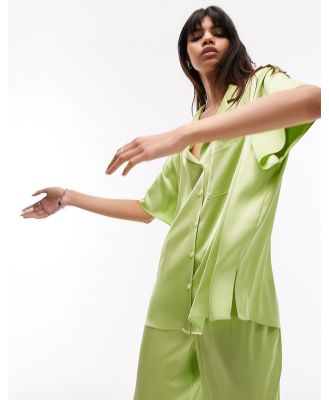 Topshop PJ style satin shirt in lime (part of a set)-Green