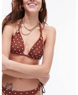 Topshop polka dot triangle bikini top with rings in brown