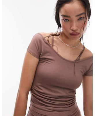 Topshop premium double layer soft touch short sleeve top in taupe-Neutral