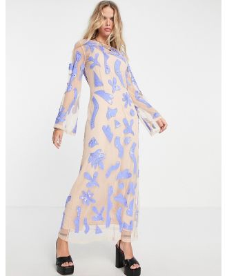 Topshop premium embellished lilac splodge midi dress-Blue
