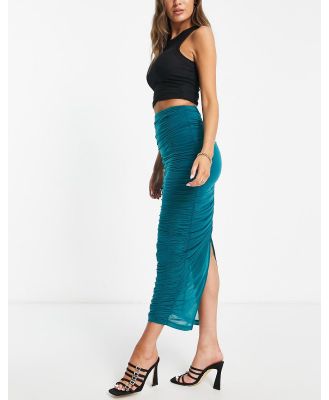 Topshop premium ruched mesh midi skirt in teal-Blue