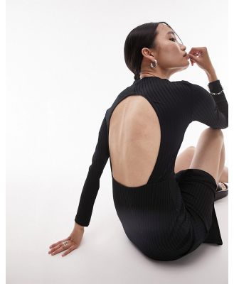 Topshop rib jersey midi dress with open back in black-Multi