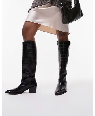 Topshop Rio leather western style knee high boots in choc croc-Brown