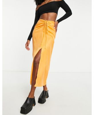 Topshop ruched channel waist midi skirt in orange